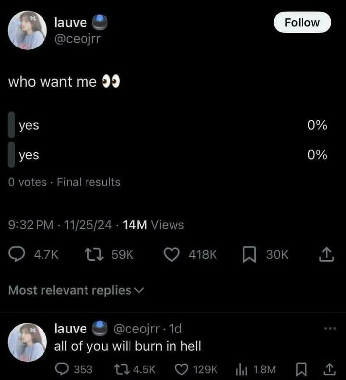 A social media poll with 0% yes votes, followed by a savage verbal knockout in the comments.