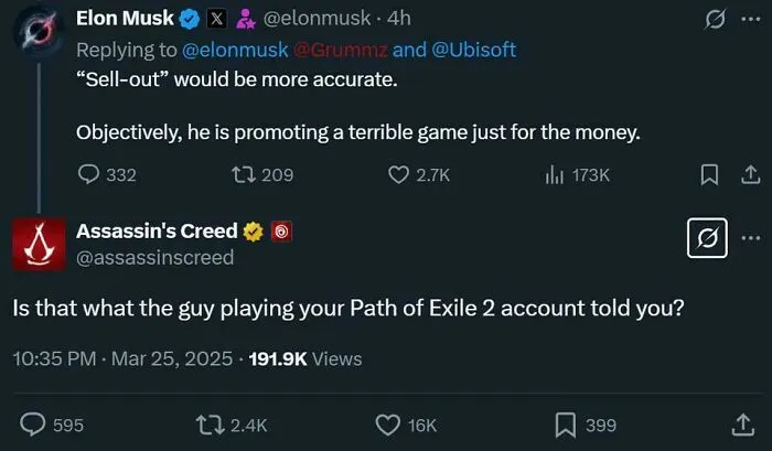 A Twitter exchange between Elon Musk and Assassin's Creed, showing a verbal knockout about gaming.
