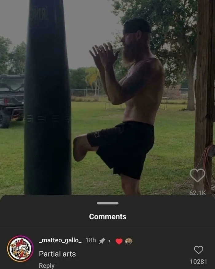 A man practicing martial arts with a punching bag and a comment about partial arts, showcasing verbal knockouts.