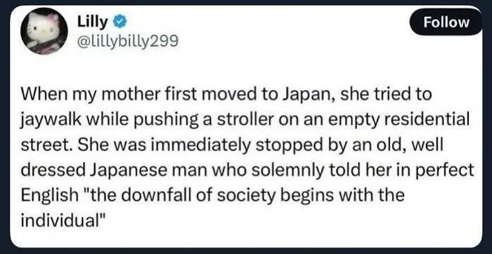 A screenshot capturing a savage verbal knockout tweet about the downfall of society beginning with the individual.