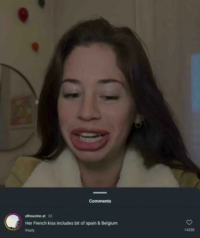 A woman with an exaggerated facial expression and a comment below about her French kiss, highlighting a savage verbal knockout.