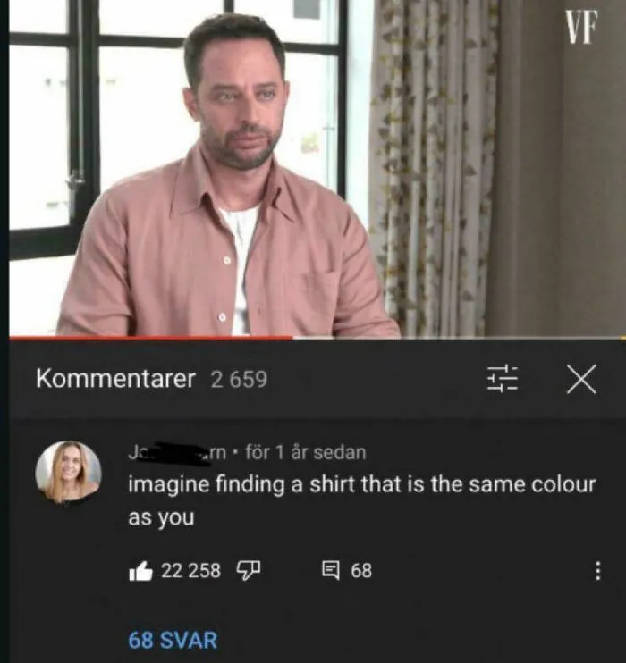 A verbal knockout comment on a video: 'imagine finding a shirt that is the same colour as you,' referring to a man in a pink shirt.
