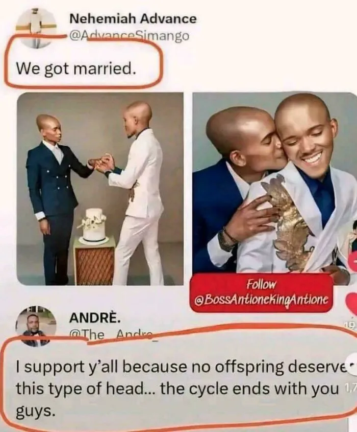 A screenshot of a wedding announcement with two men with unusual head shapes, followed by a savage verbal knockout comment.