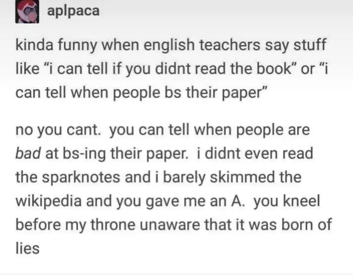 A screenshot of a humorous text post by user aplpaca on English teachers and their verbal knockouts.