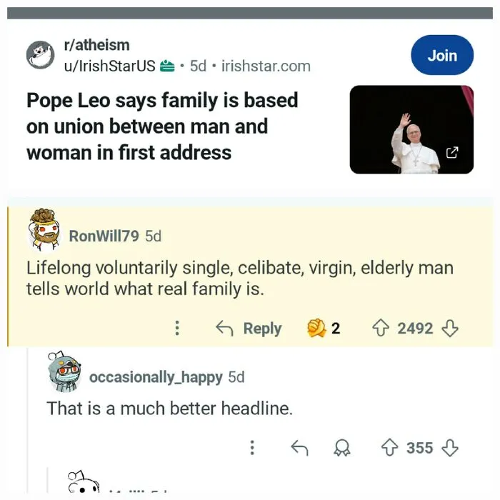 A verbal knockout from r/atheism about Pope Leo's comments on family, highlighting savage wit.