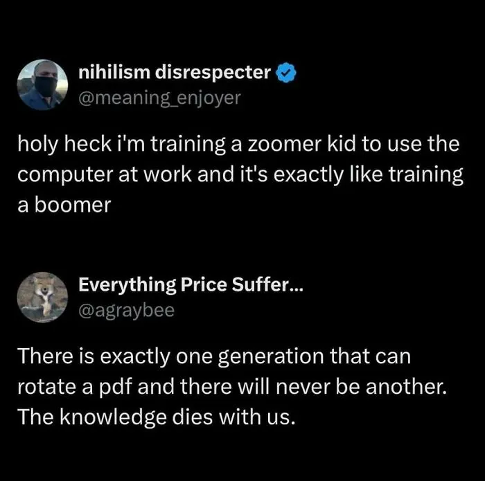 Relatable memes comparing training zoomers to training boomers on computers