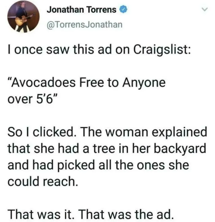 Relatable memes with a funny tweet about a Craigslist ad offering free avocados to tall people