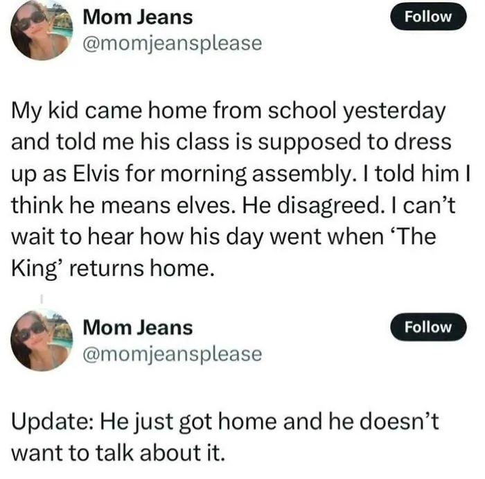 A humorous social media post about a schoolboy dressing as Elvis instead of an elf, part of relatable memes.