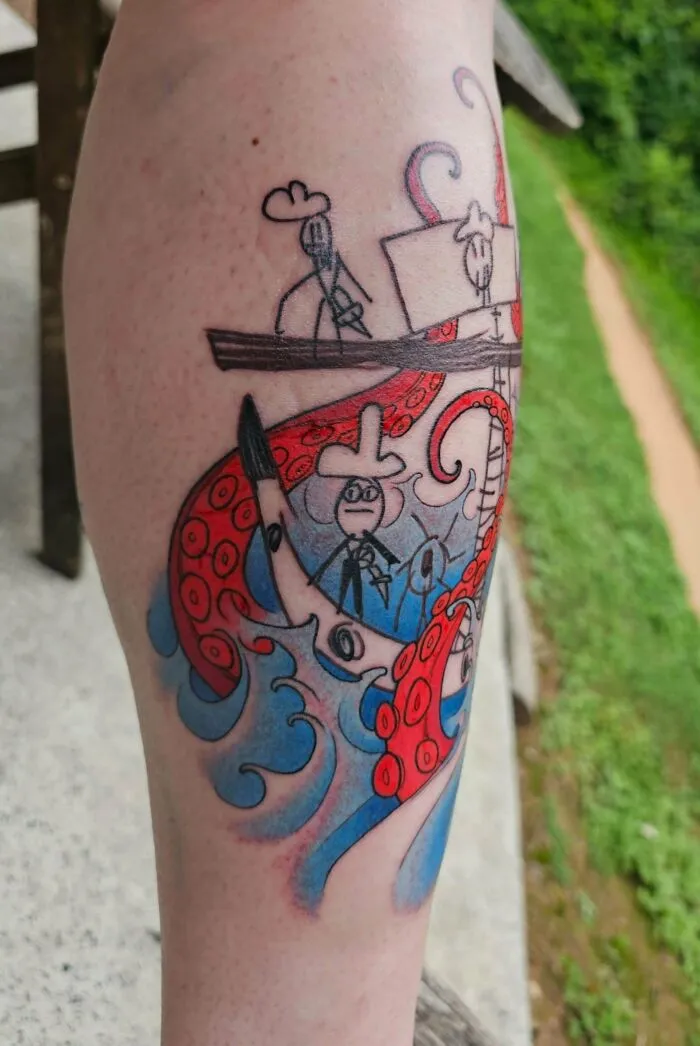 A whimsical, colorful tattoo on a leg depicting stick figures on a boat battling a giant octopus. This stunning tattoo is a permanent design.
