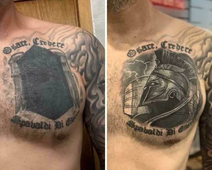 Transformation of a chest tattoo, evolving from a simple black shape into a detailed Spartan helmet design.