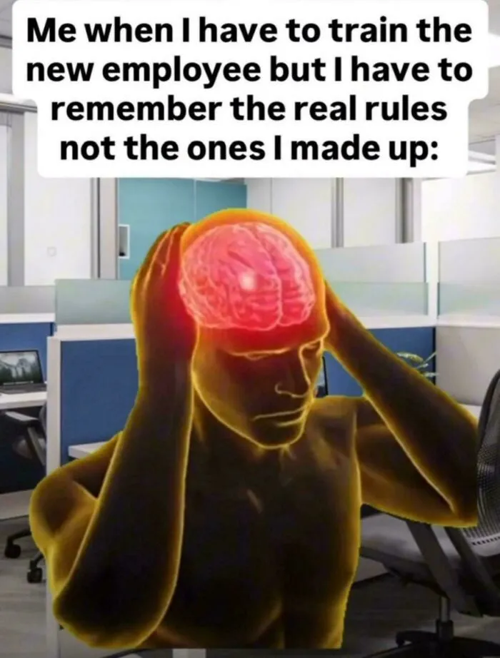 Meme of a stressed person thinking about training, depicting relatable homedepot employees posts