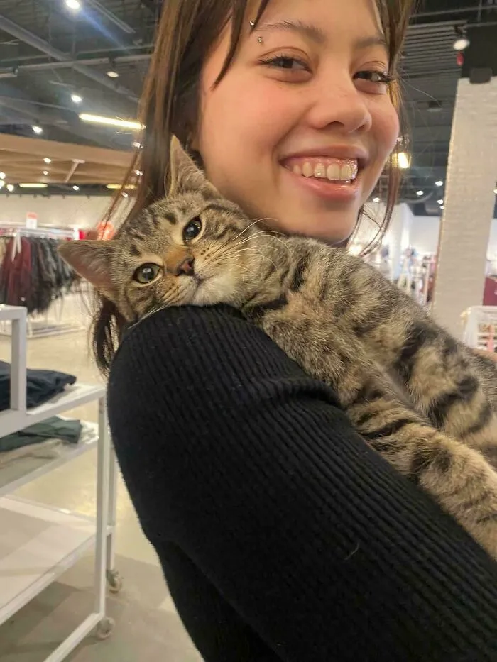 Wholesome animal pics of a smiling woman holding a cute tabby cat on her shoulder