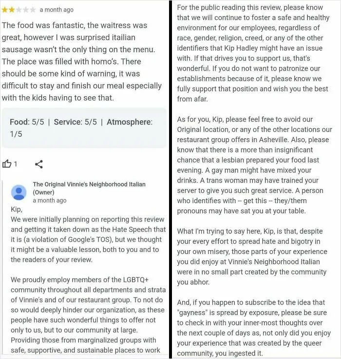 My Buddy’s Response To A Homophobic Review On His Restaurant