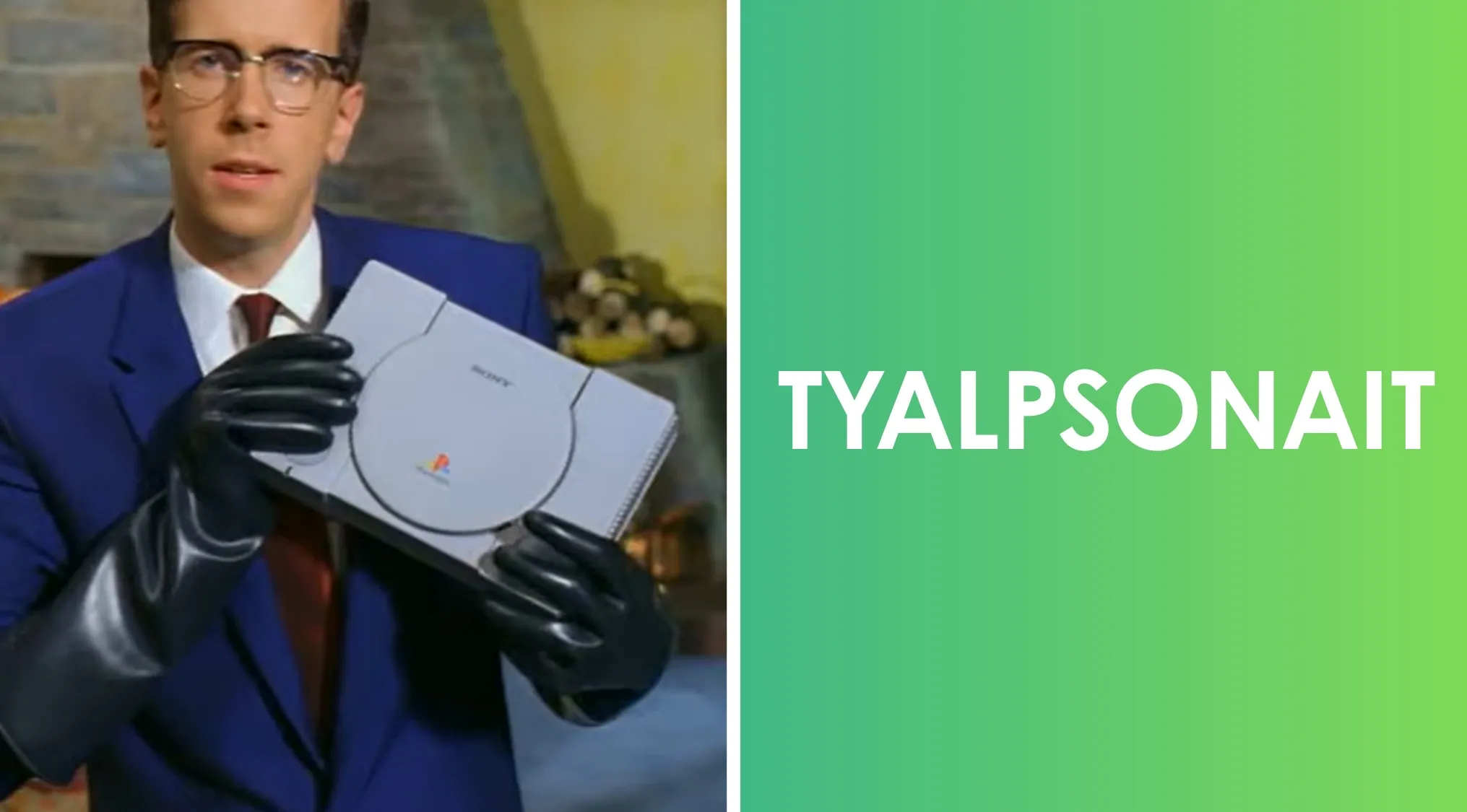 Man in gloves holding Sony PlayStation console with scrambled word puzzle on green background for 80s and 90s pop culture.