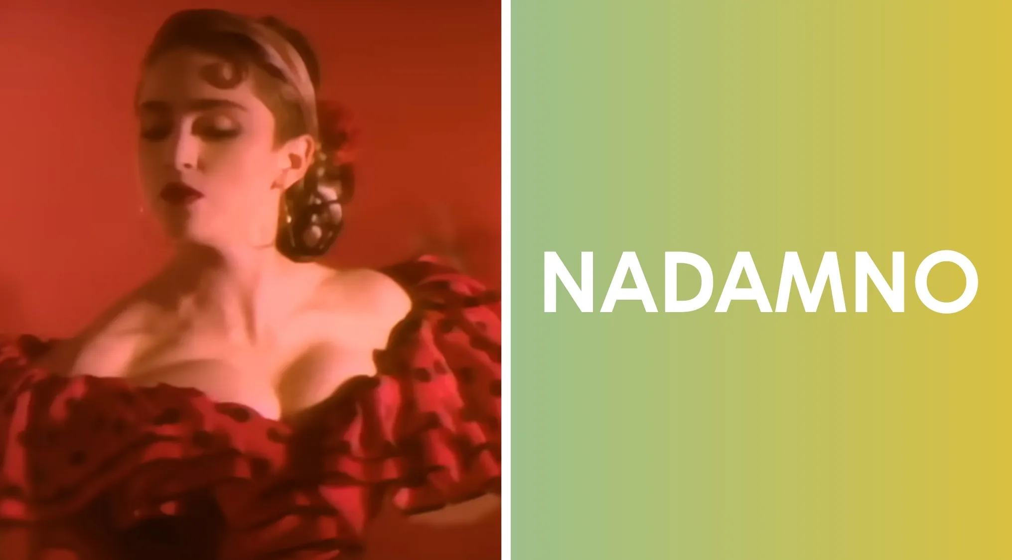 Woman in red dress representing 80s pop culture star in a word scramble game with scrambled name NADAMNO.