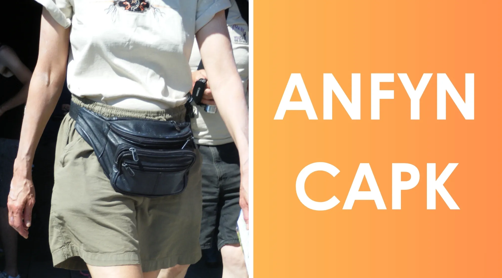 Person wearing a black fanny pack with 80s and 90s pop culture word scramble puzzles in a bright orange background.