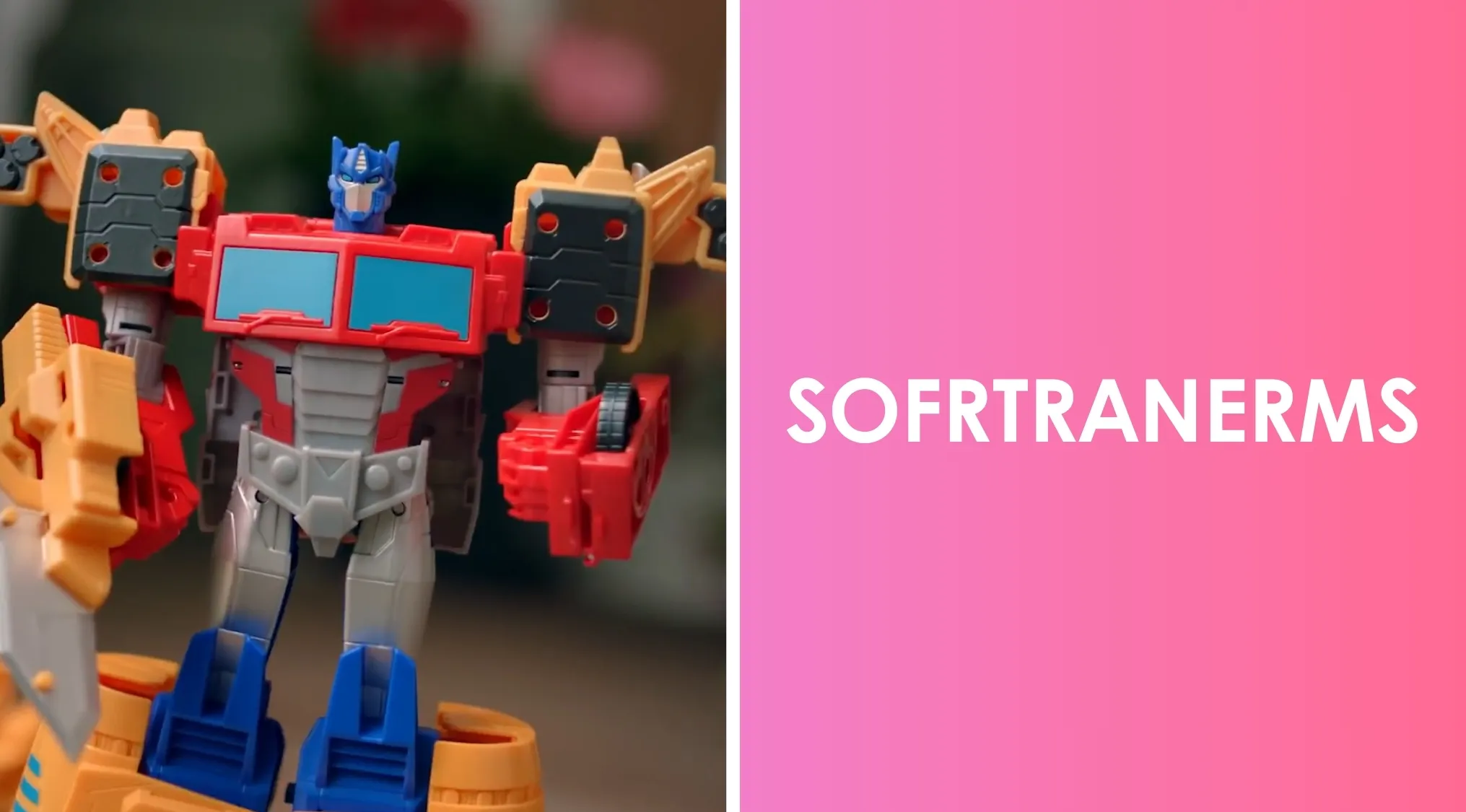 Transformers toy figure from the 80s standing next to a word scramble puzzle on a pink background.