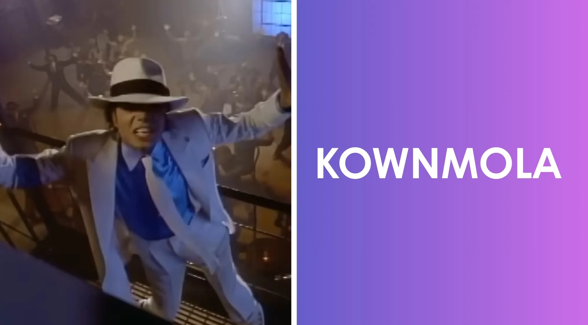 Michael Jackson dance move in 80s and 90s pop culture word scramble with a purple background and performer in white suit.