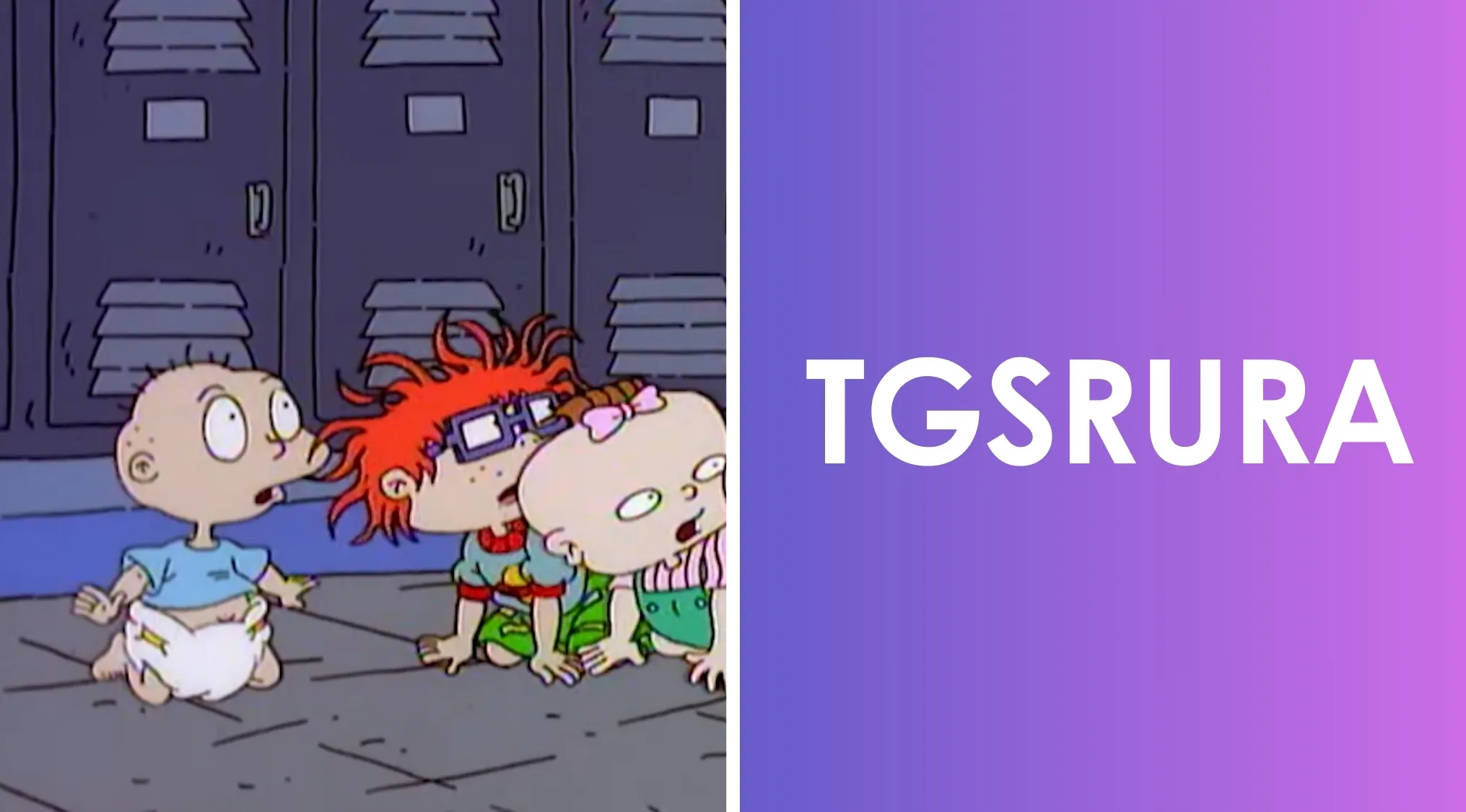 Scene from a popular 90s children's show with toddlers on the left, word scramble puzzle on the right.