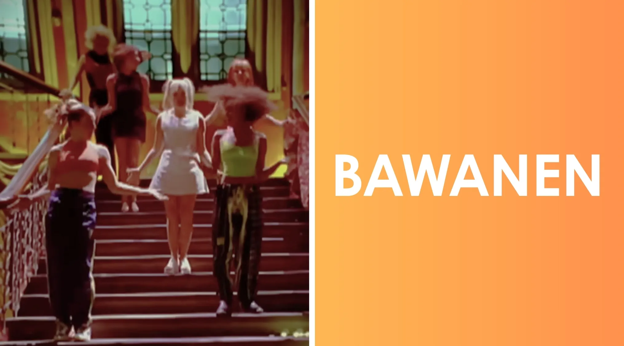 Group of women dancing on stairs with word scramble displaying BAWANEN for 80s and 90s pop culture quiz.