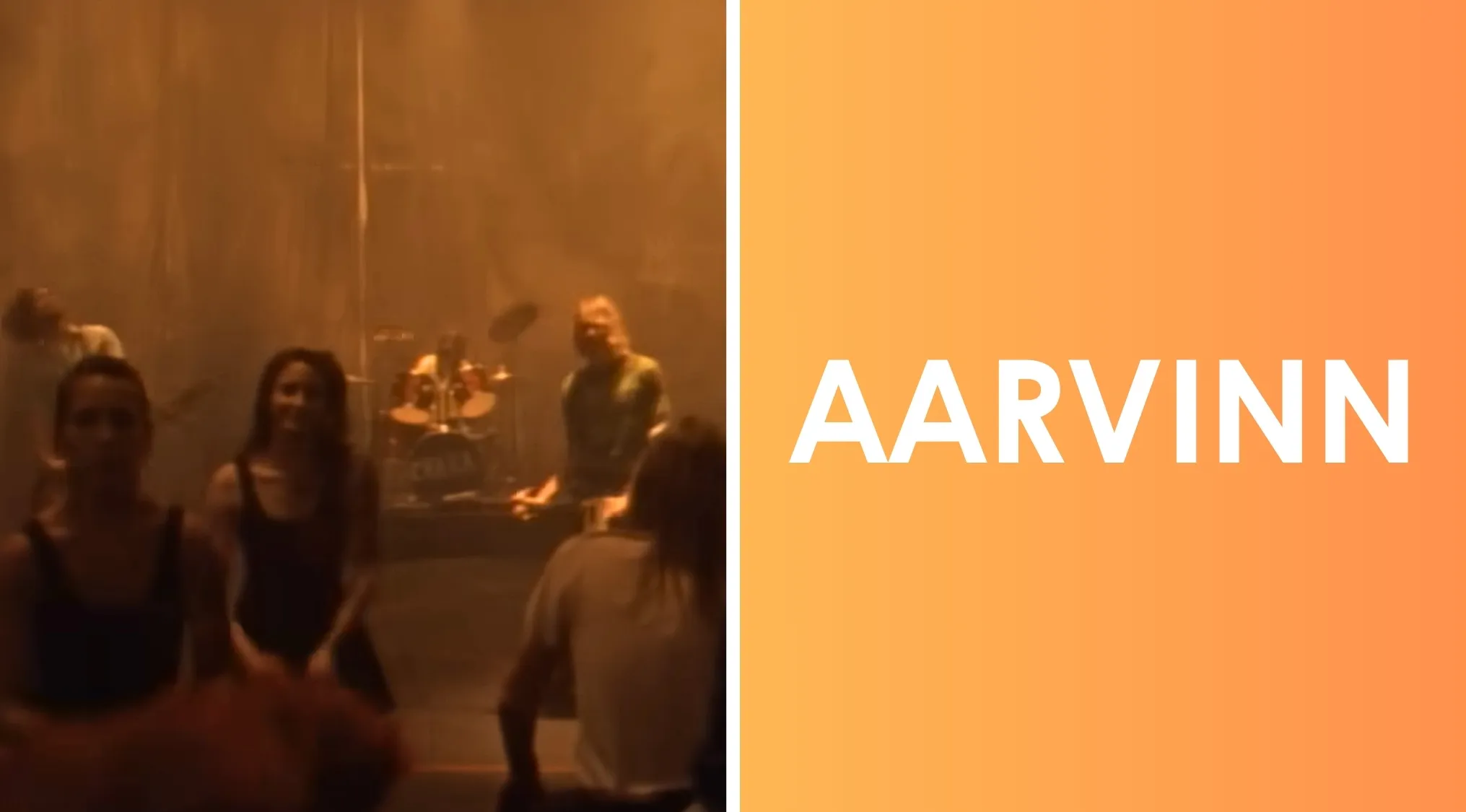 Blurry image of a 90s band performing on stage with word scramble puzzle featuring letters A A R V I N N.
