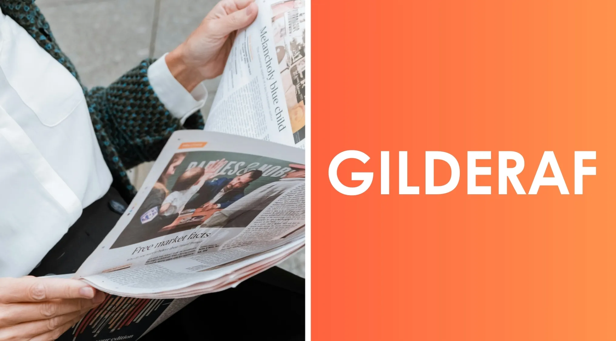 Person reading a newspaper next to an orange gradient background with the word scramble letters GILDERAF.