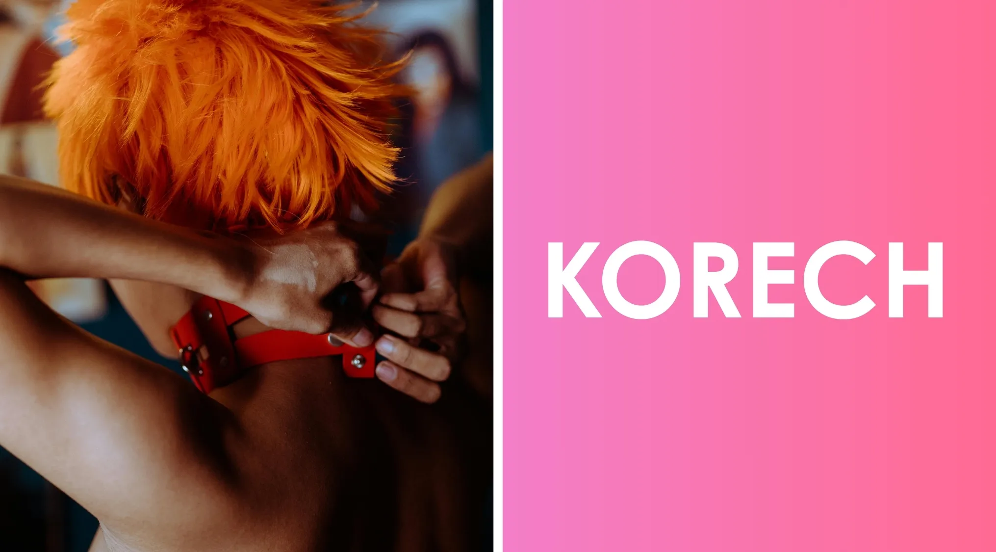 Person with bright orange hair adjusting a red choker, a popular accessory in 90s grunge aesthetic.