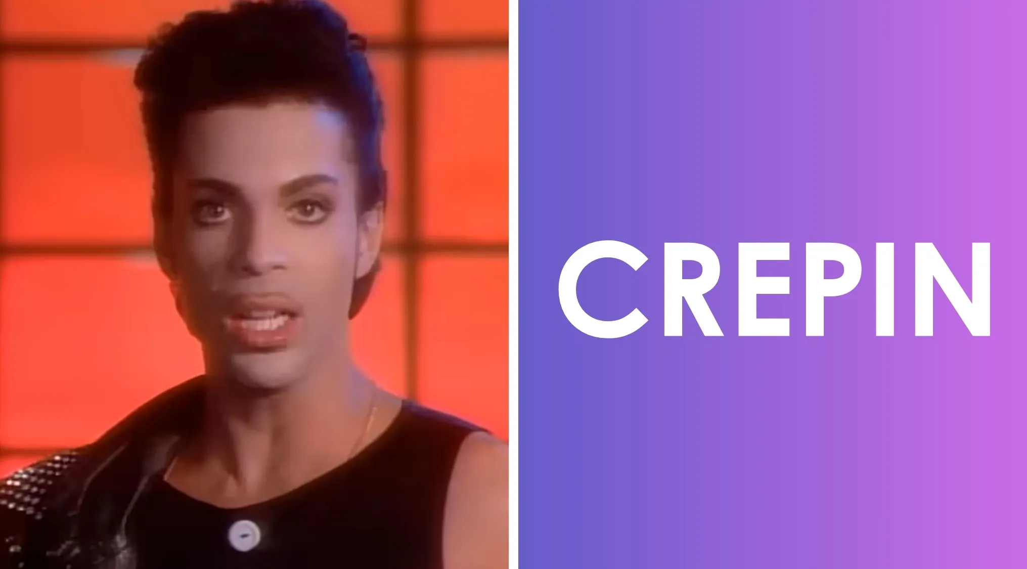 1980s music icon Prince in a black outfit against an orange background with the word scramble Crepin.