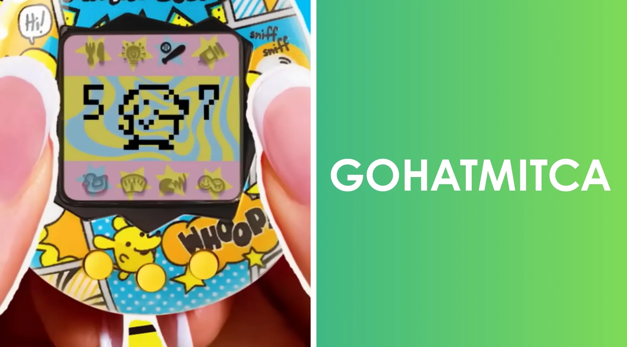 Hand holding a digital pet device popular among 90s kids with a pixelated character on screen and word scramble letters.
