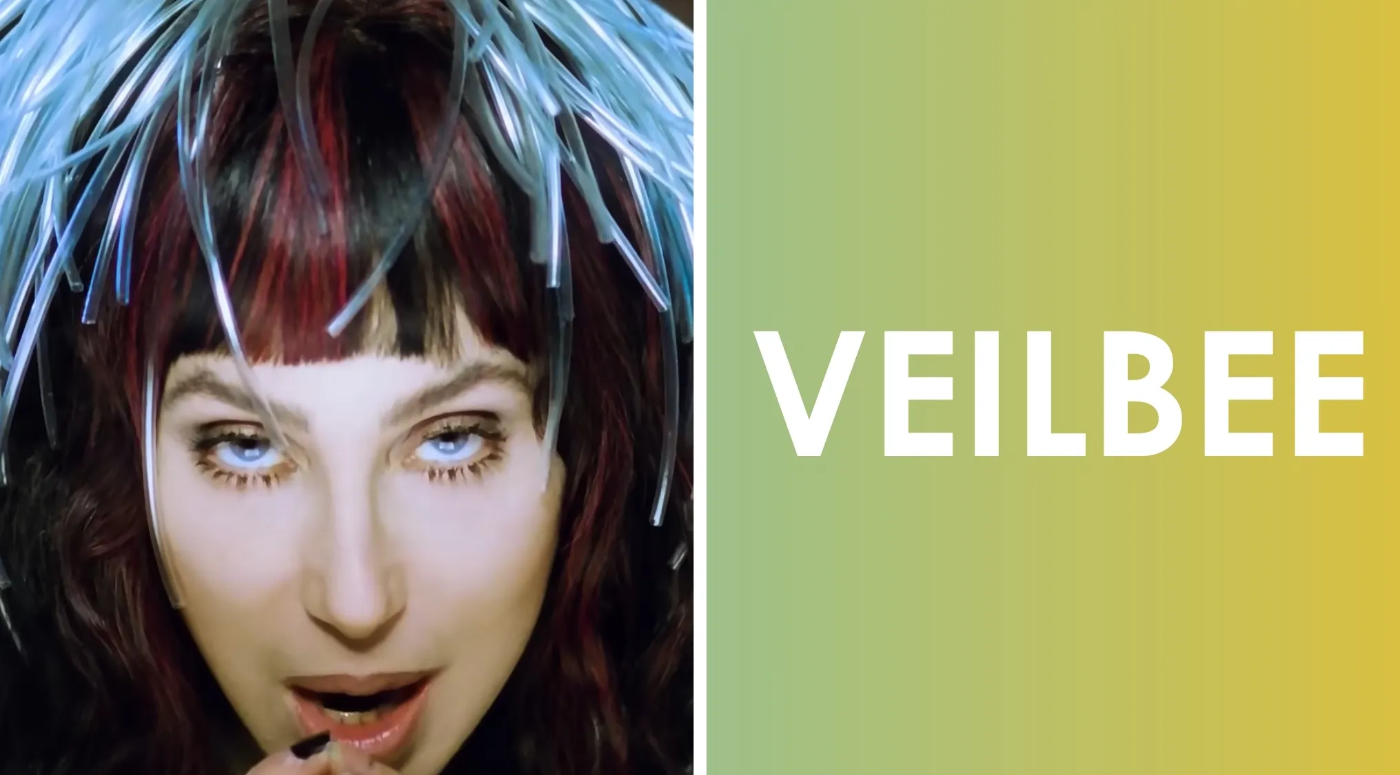Close-up of a woman with colorful hair accessories and the word scramble VEILBEE related to 80s and 90s pop culture.