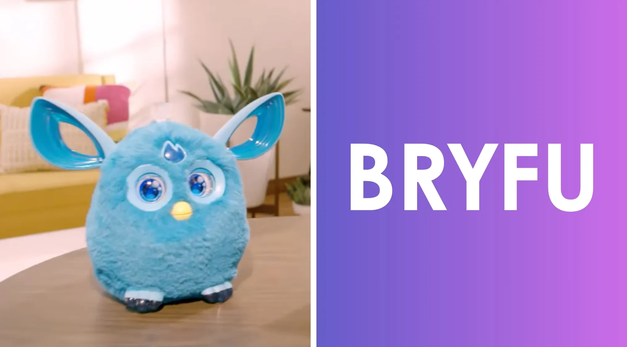 Blue Furby toy sitting on a table with scrambled letters spelling BRYFU on a purple background.
