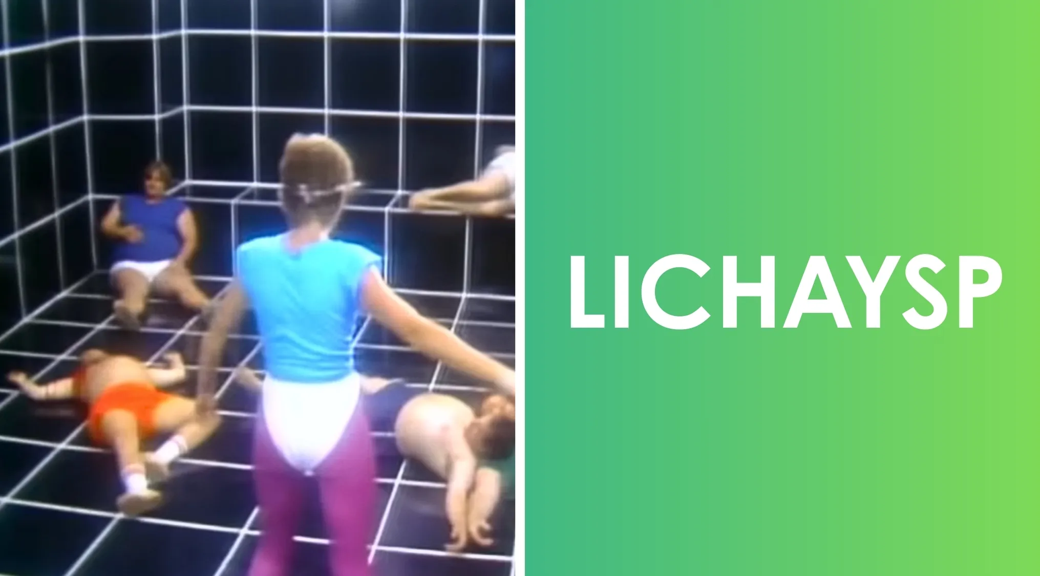 1980s pop culture scene with people in workout attire and a word scramble puzzle hinting Olivia Newton-John hit song.