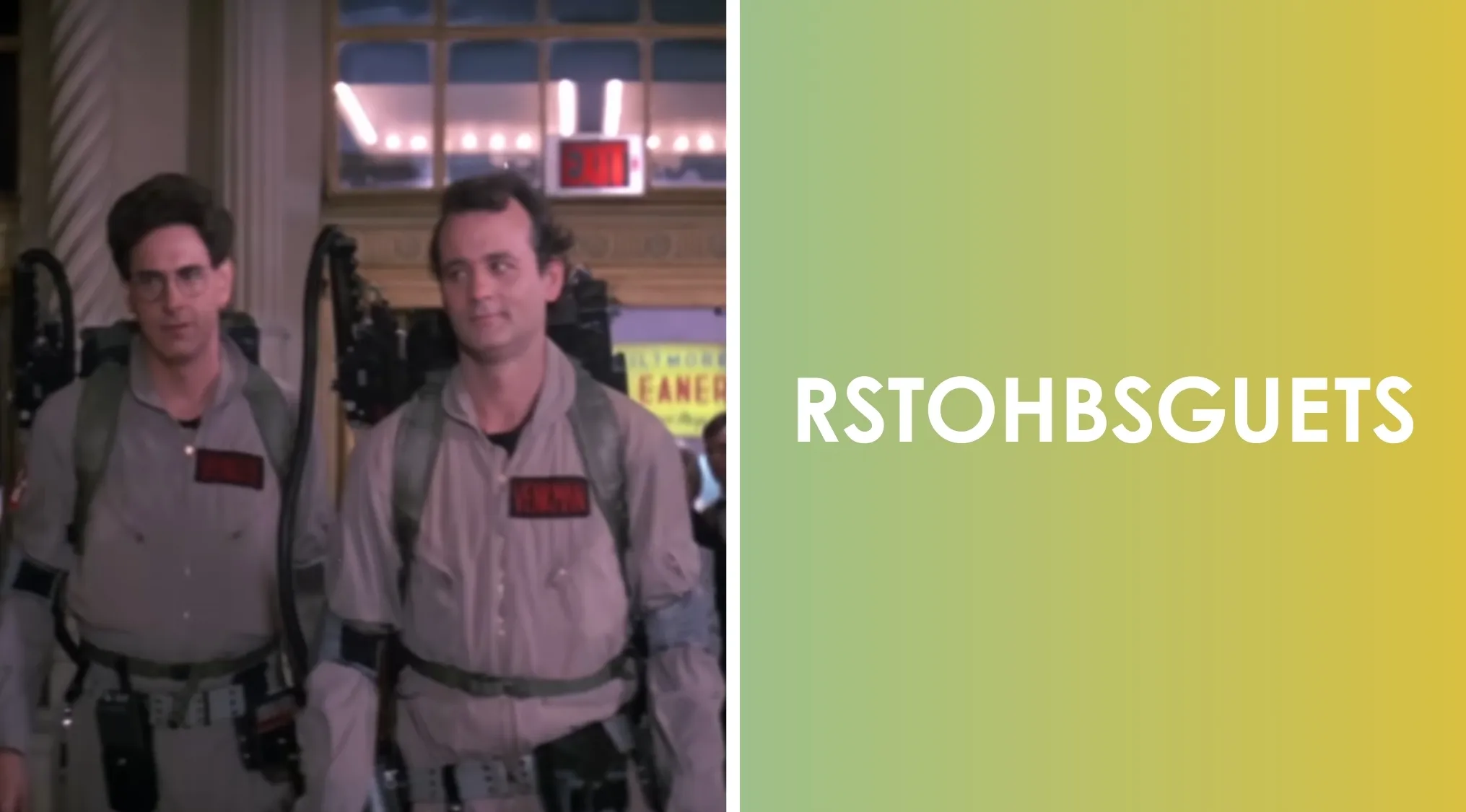 Scene from the popular 80s movie with two Ghostbusters and the word scramble RSTOHBSGUETS on a green background.