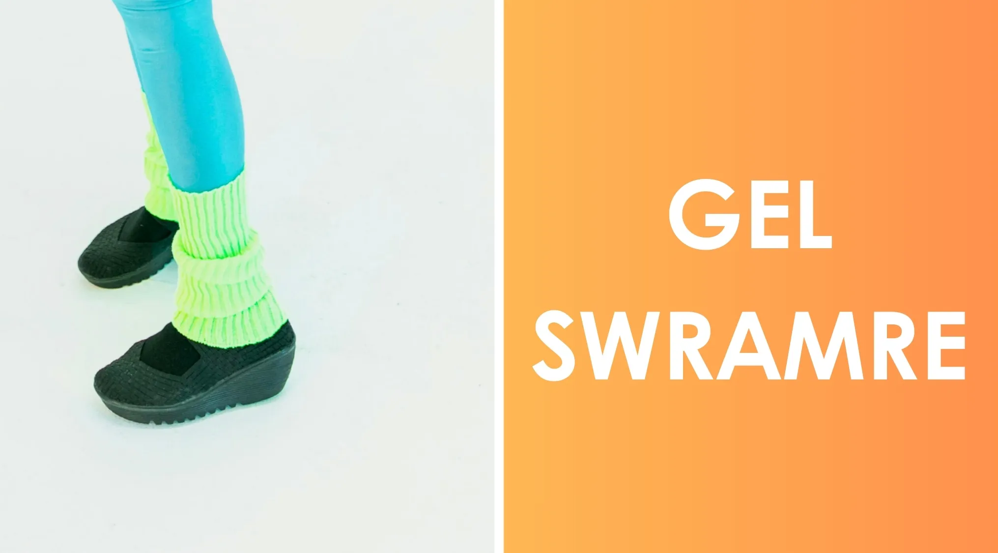Leg warmers in neon green paired with blue leggings and black platform shoes reflecting 80s aerobics fashion items.