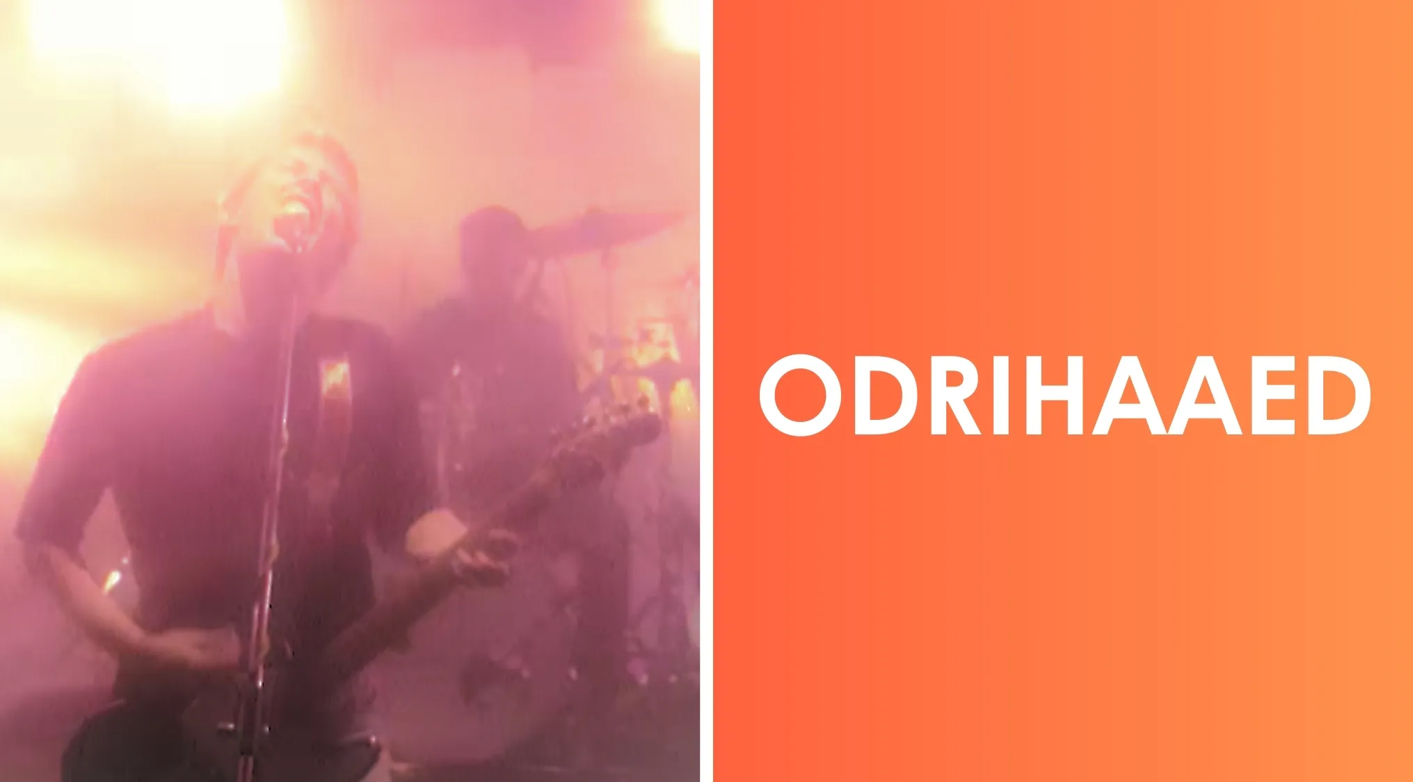 80s music band word scramble with a blurry live performance photo and scrambled letters ODRIHAAED on orange background