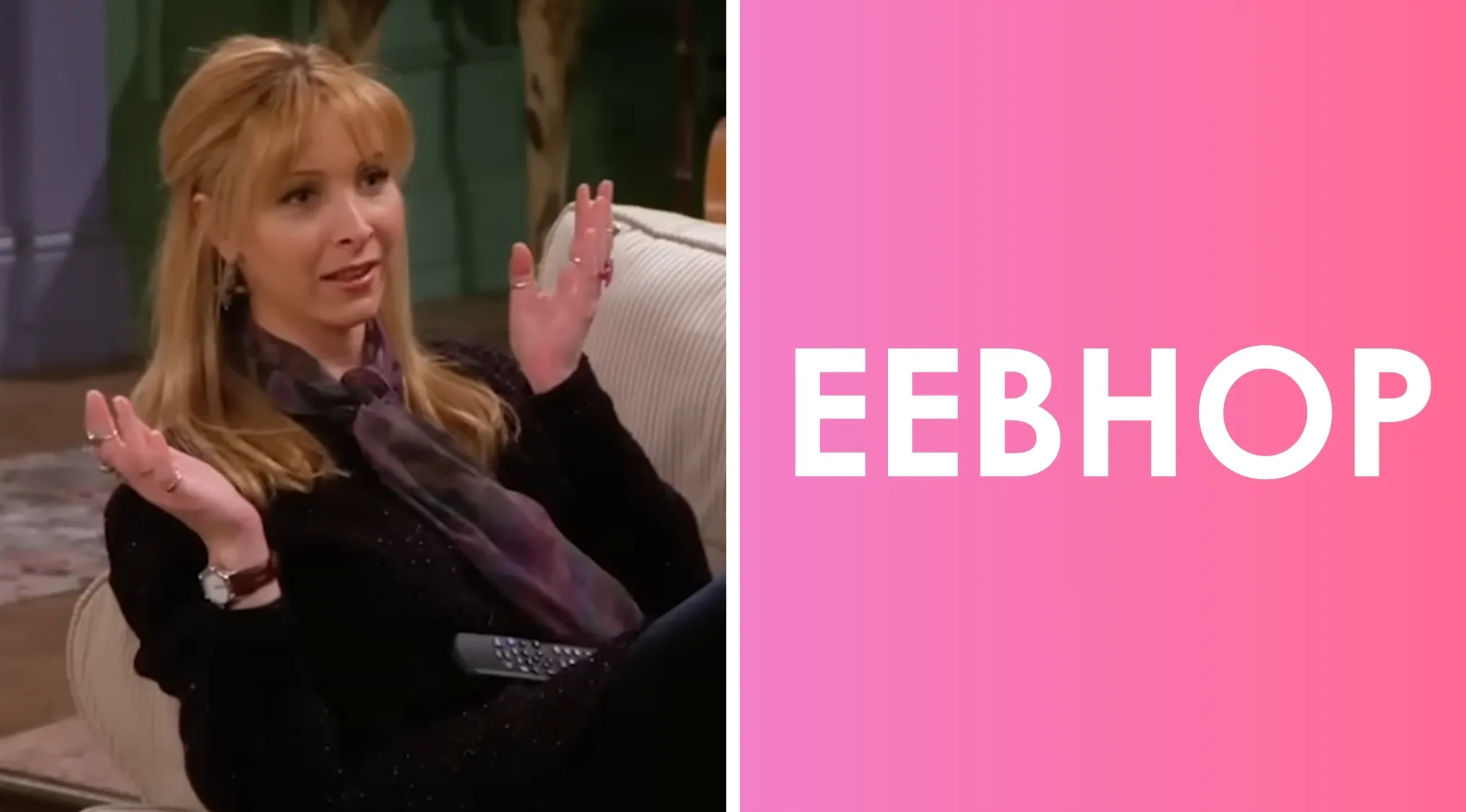Phoebe from Friends on couch with remote and scrambled letters for 80s and 90s pop culture word scrambles.