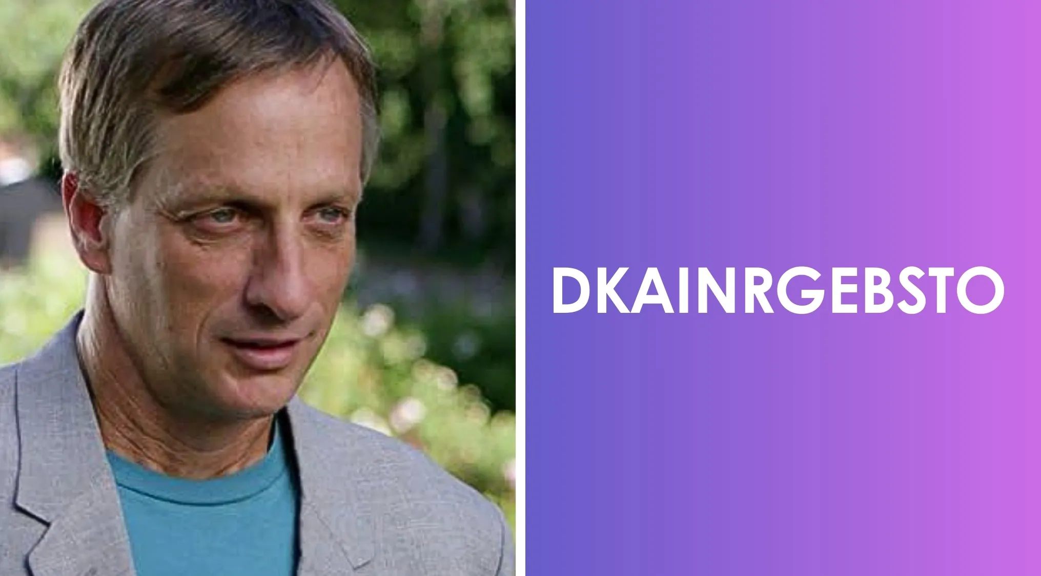 Man in casual blazer and blue shirt next to a purple background with 80s and 90s pop culture word scrambles.