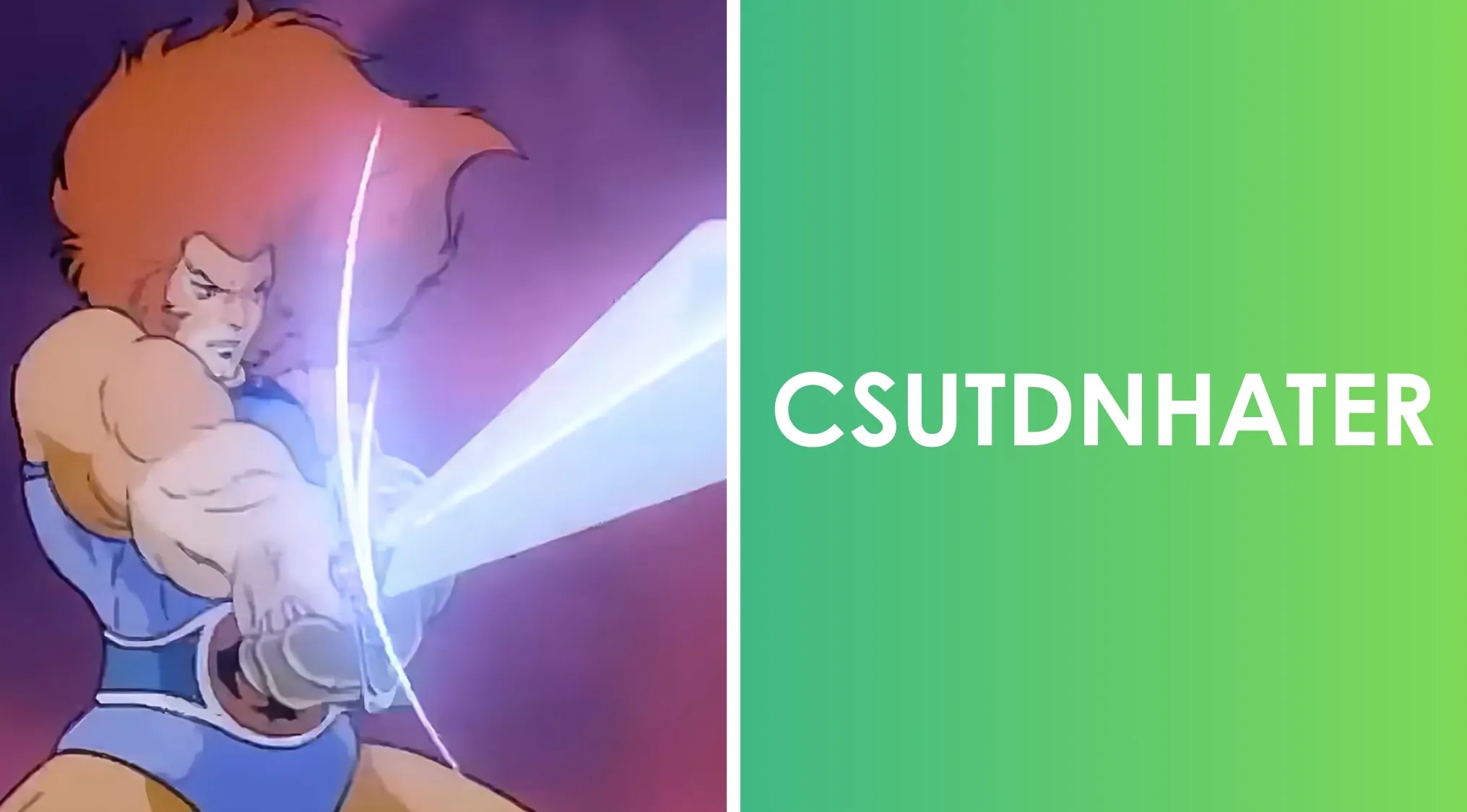 Scene from 80s animated show Thundercats with character wielding glowing sword and scrambled word puzzle on green background.