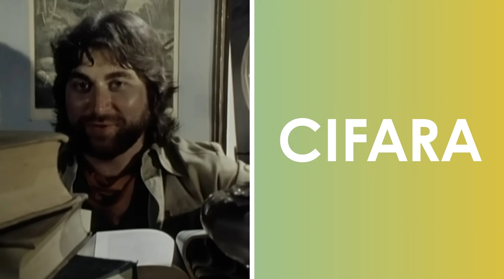 Man with a beard and long hair sitting by books, next to scrambled word puzzle for 80s pop culture word scrambles.