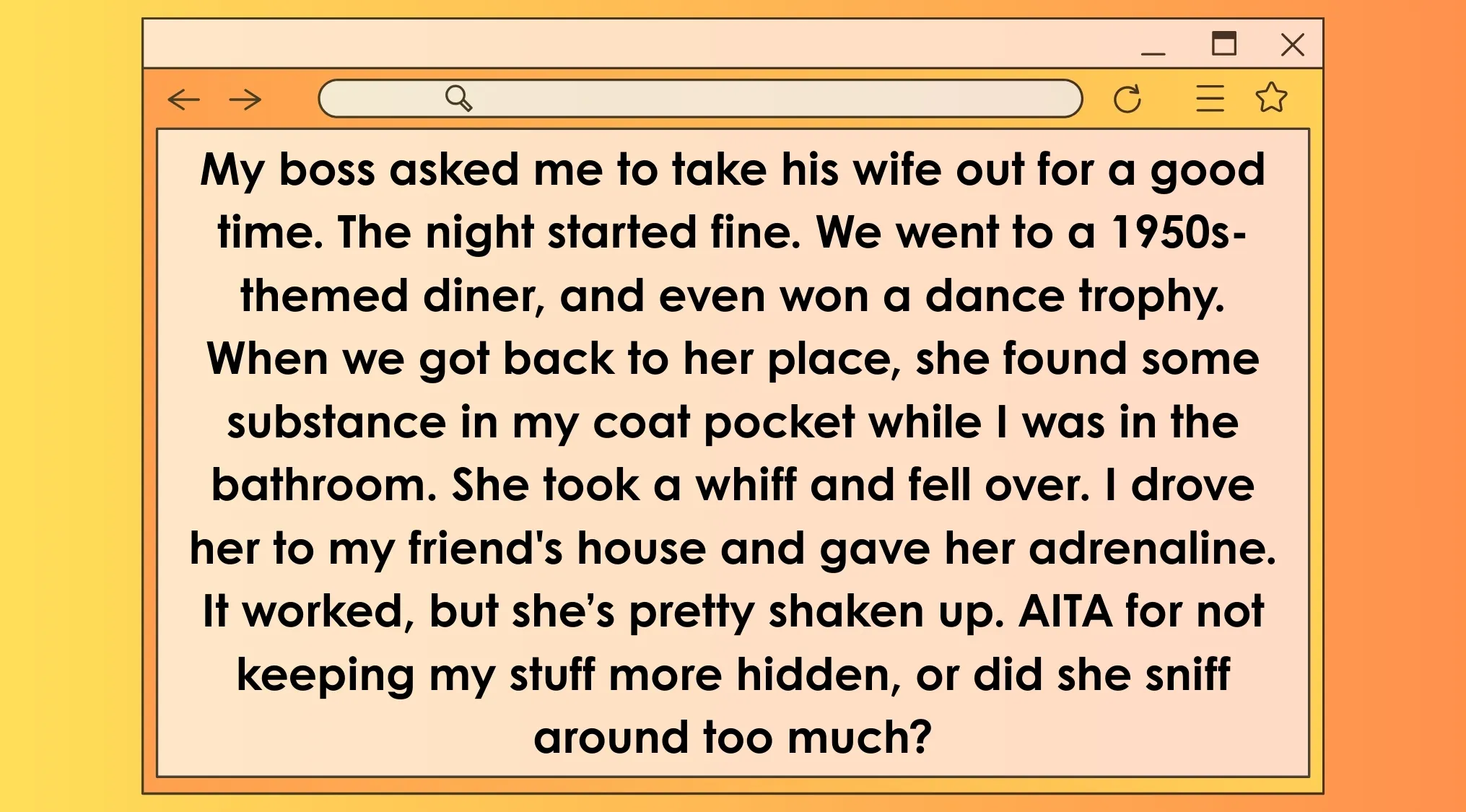 AITA post about a night out with a boss's wife involving a 1950s diner and unexpected substance event in the movie world