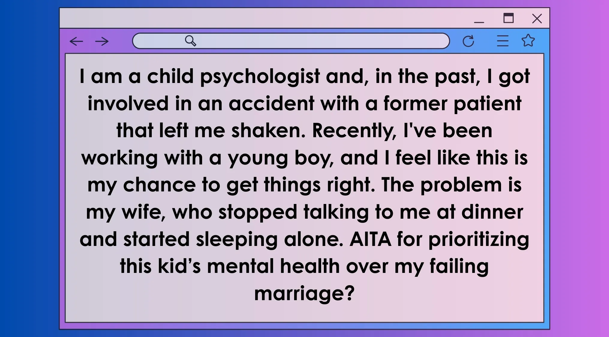 Text post styled as a browser window asking about prioritizing a kid’s mental health in movies as AITA posts.