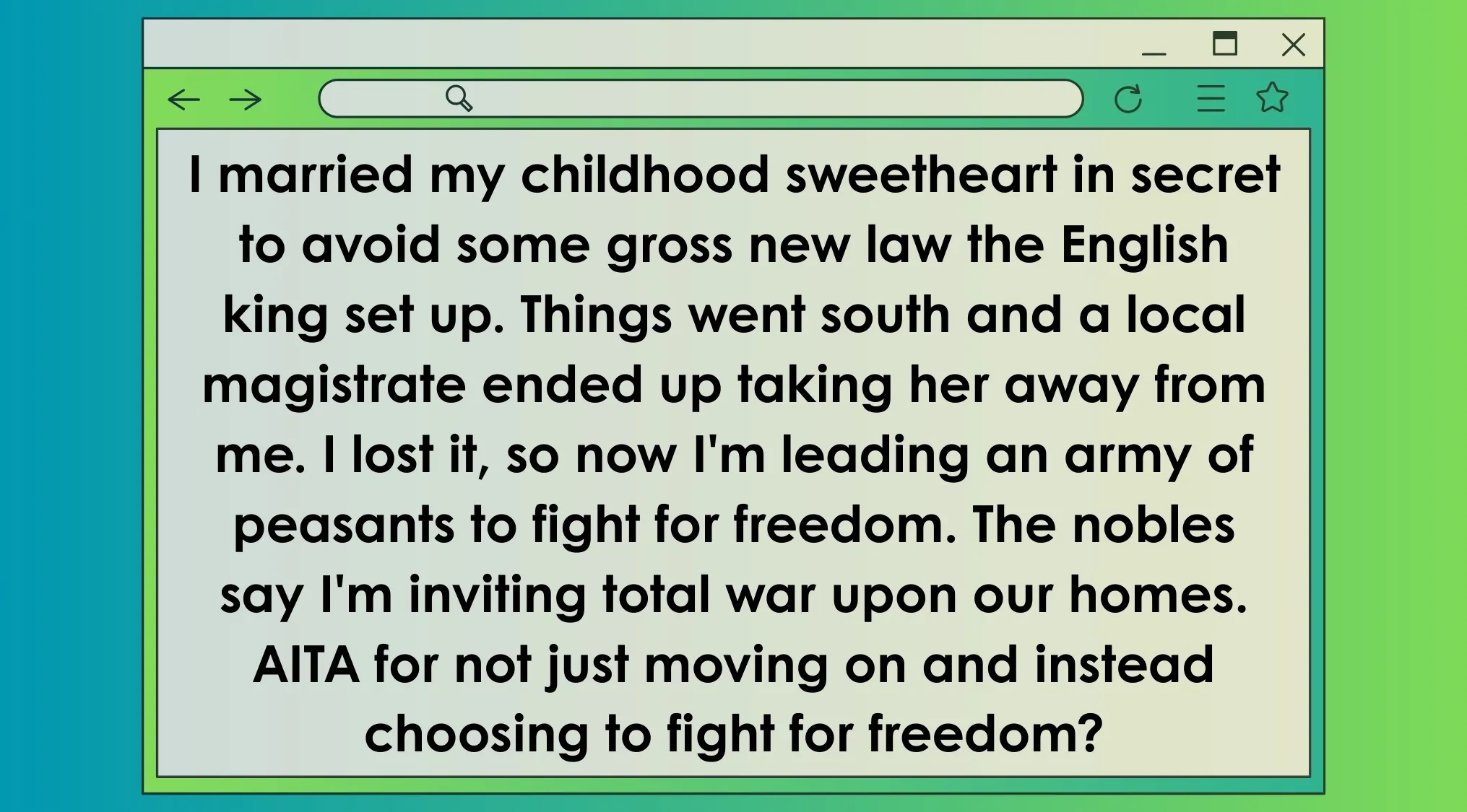 A screenshot of an AITA post resembling a movie character fighting for freedom after a secret marriage causes conflict.