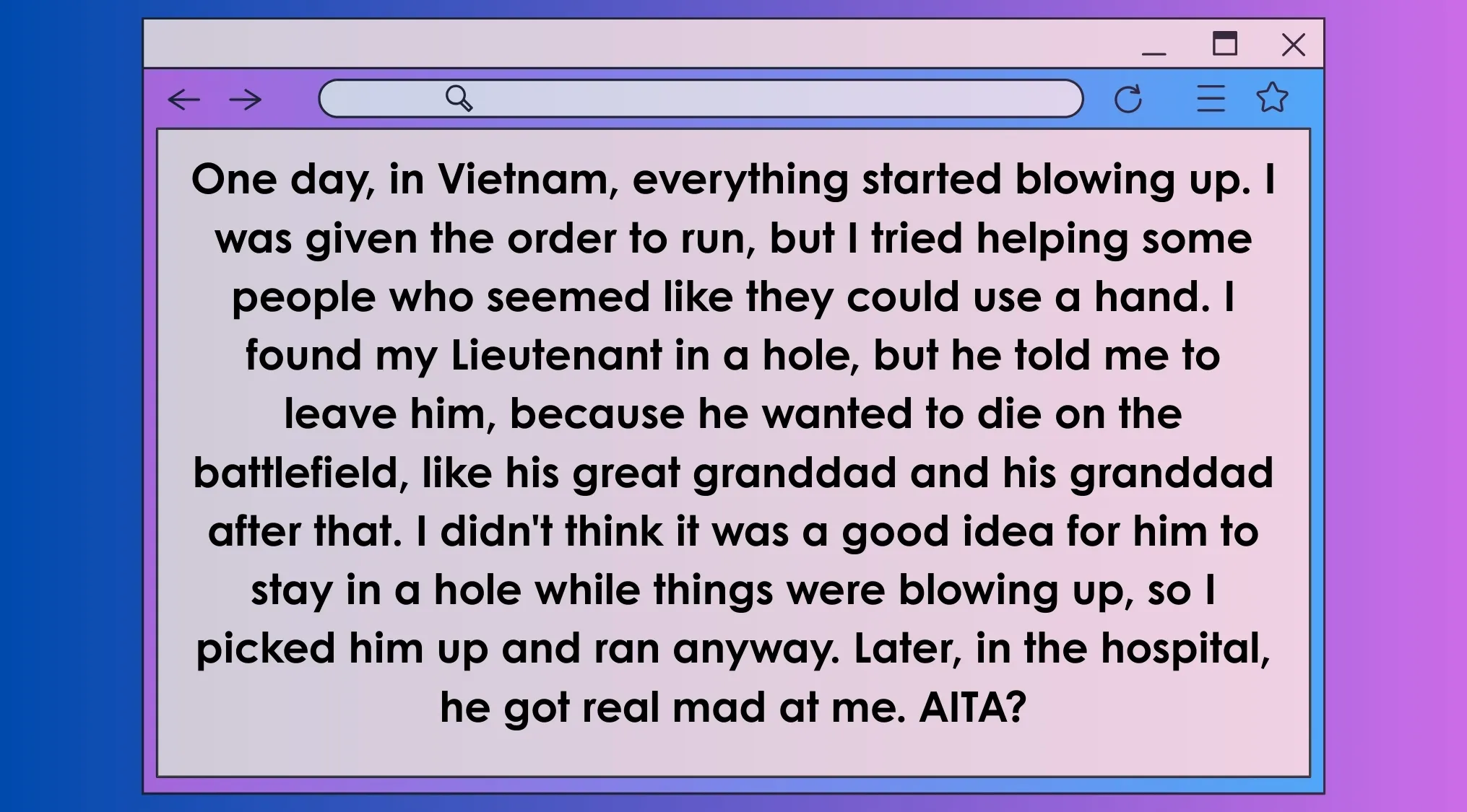 AITA post about a Vietnam war soldier helping his lieutenant who wanted to die on the battlefield.