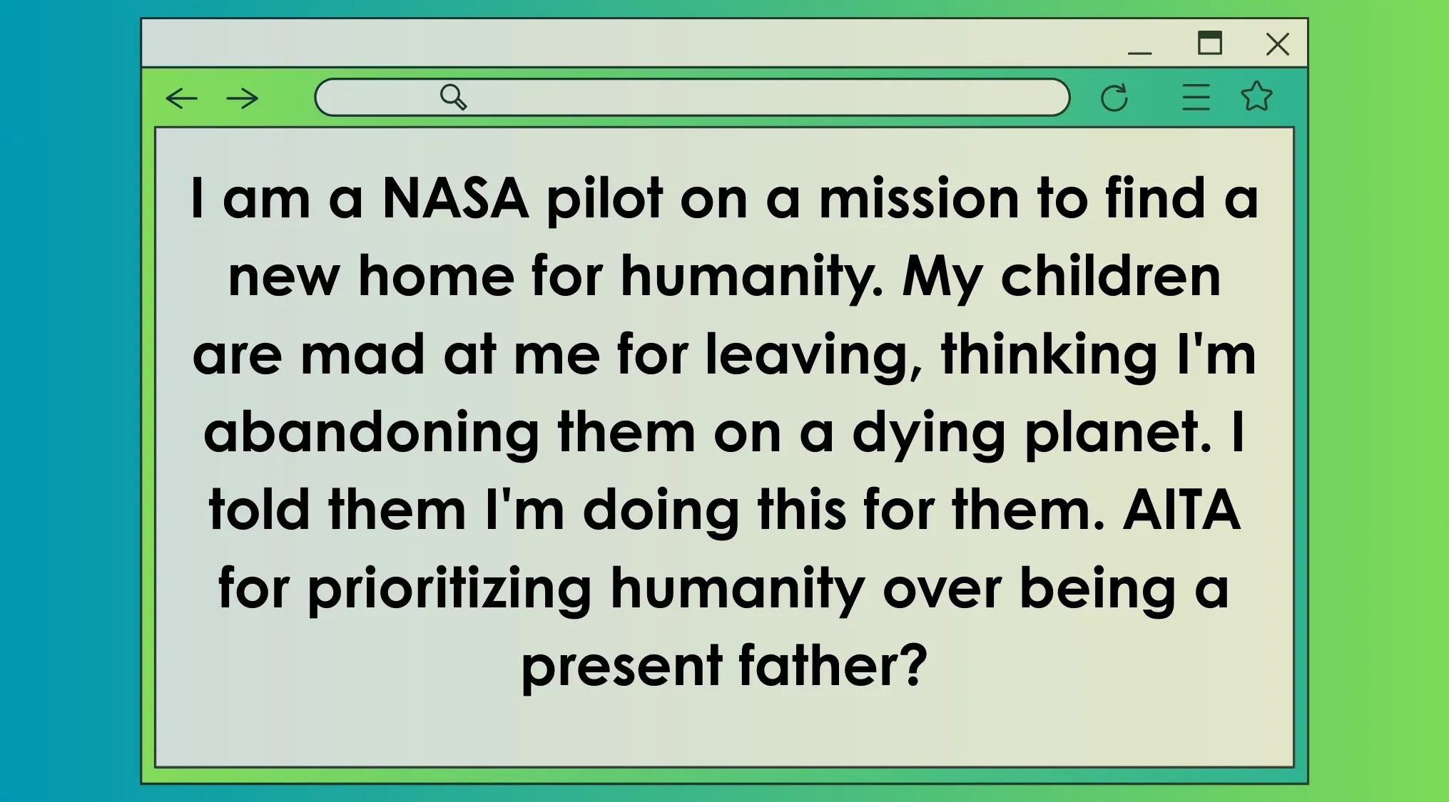 A movie character typing on a laptop, imagining which film's character would write AITA posts in a humorous style.