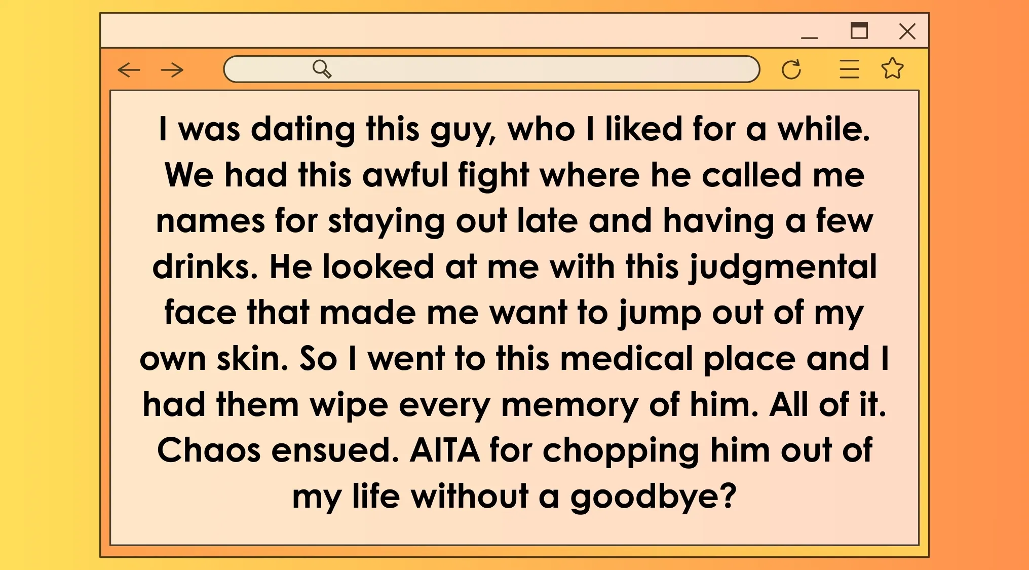 AITA post about erasing a toxic relationship with memory wiping inspired by movies as AITA posts characters.