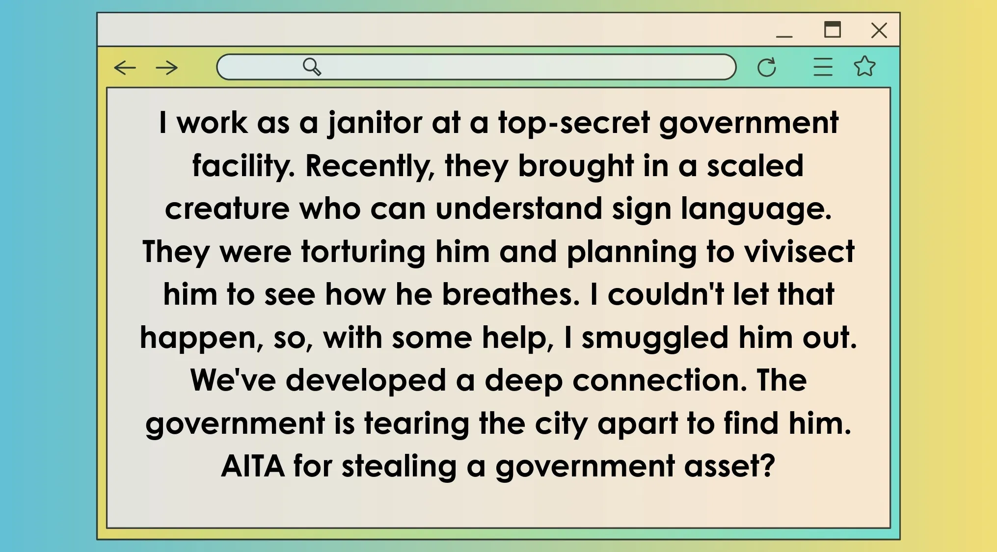 Screenshot of AITA post about smuggling a scaled creature from a secret government facility in a movies AITA character world.