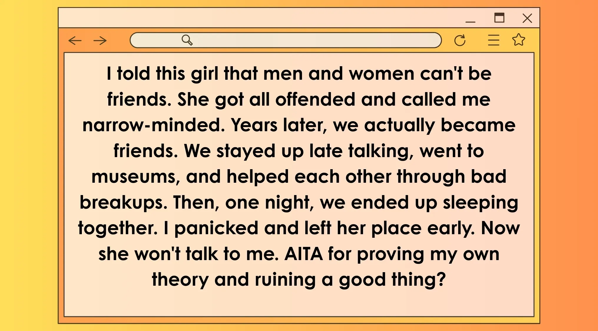 A fictional AITA post about men and women being friends and the fallout after they sleep together, from movies as AITA posts.