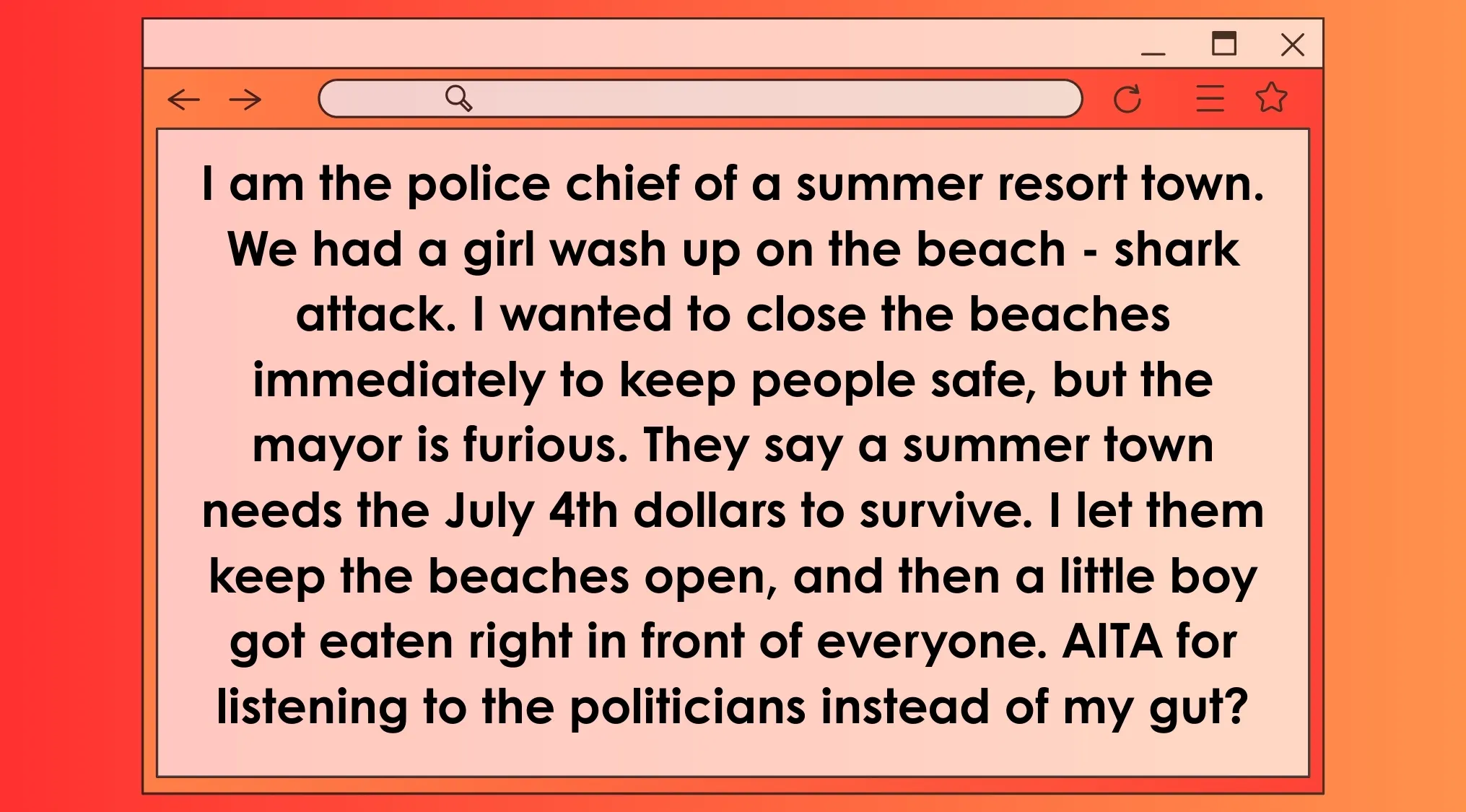 AITA post describing a police chief ignoring shark attack dangers to keep summer resort beaches open.