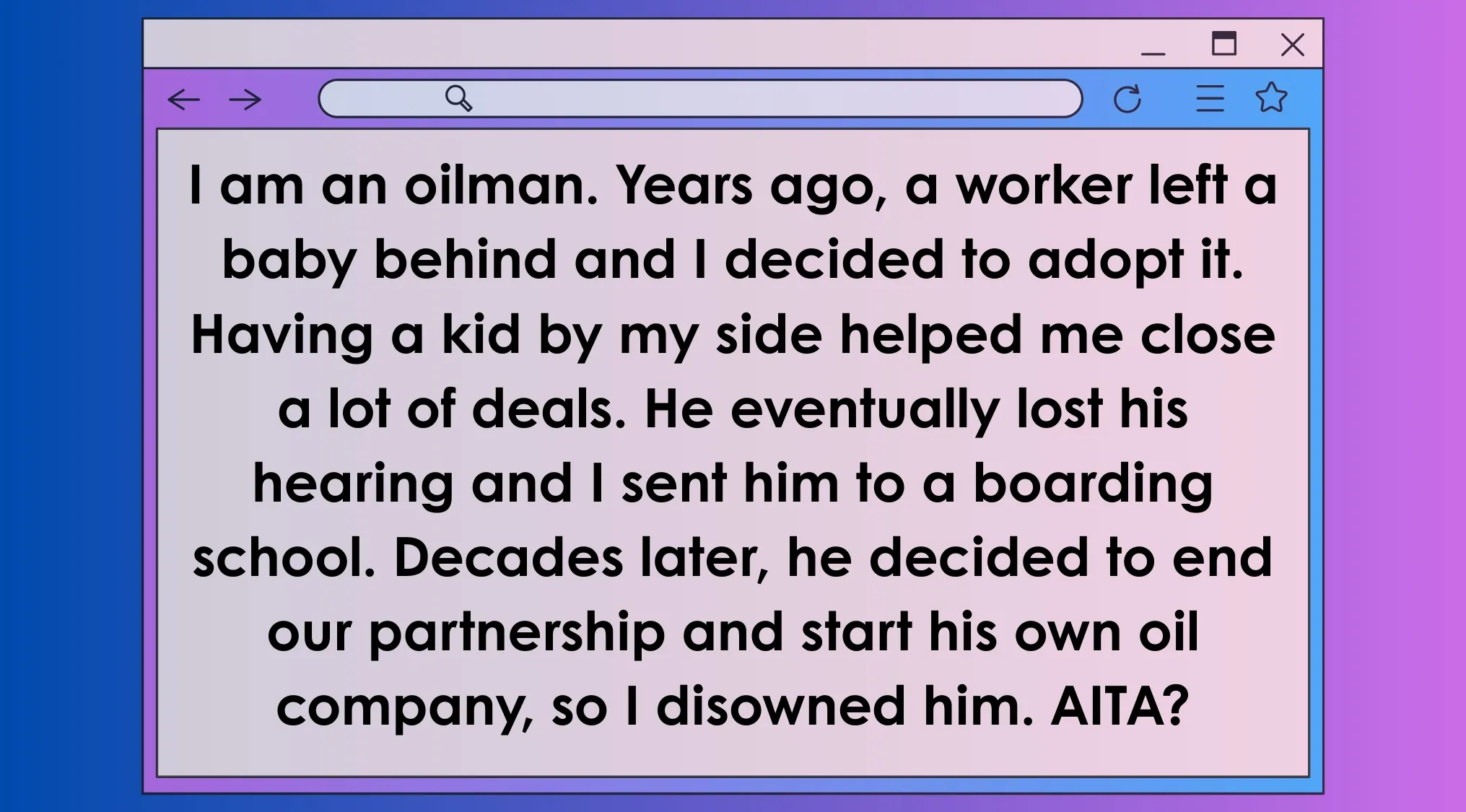 AITA post about an oilman who adopted a baby, lost partnership, and disowned him, linked to movies as AITA posts.