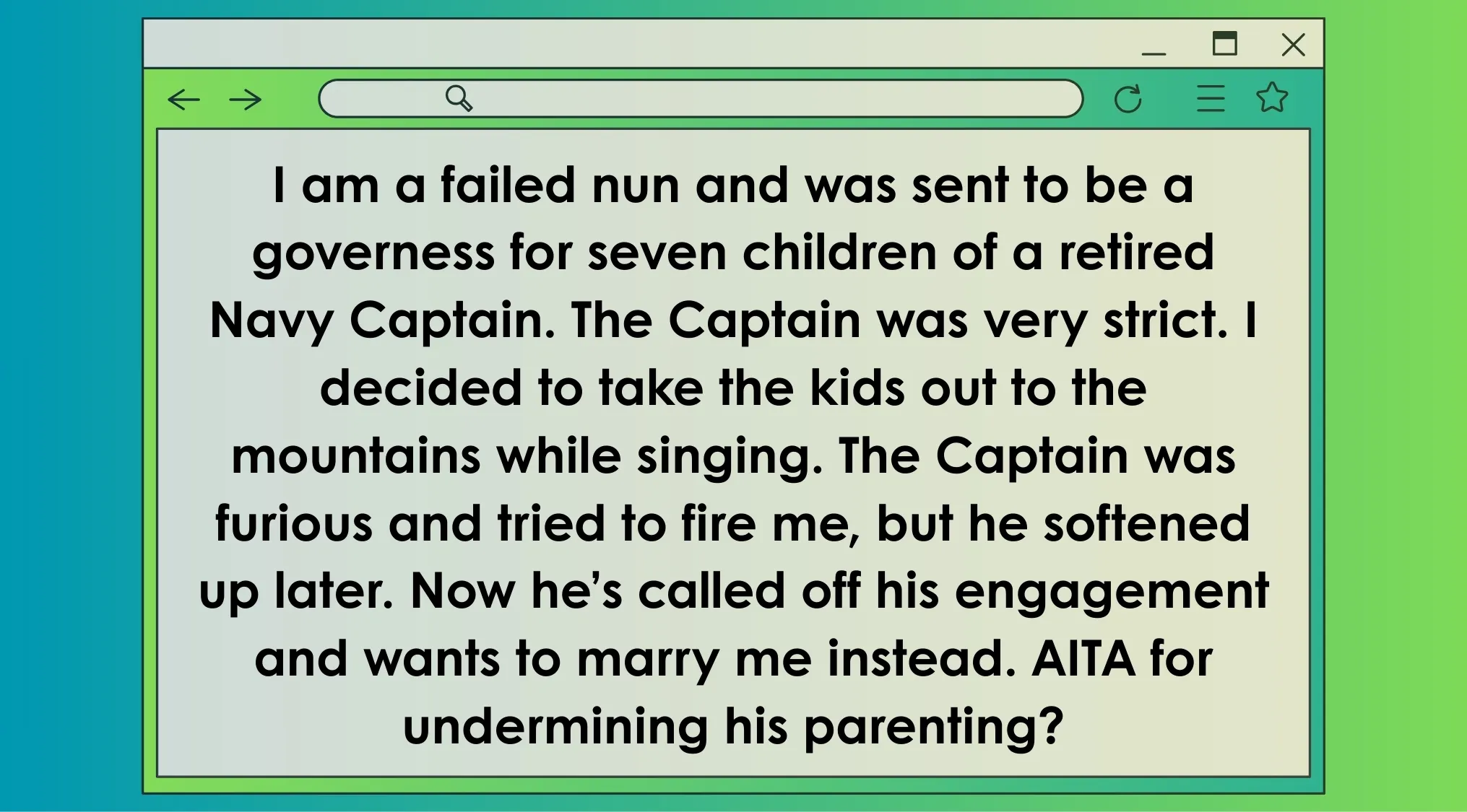 Screenshot of an AITA post referencing a strict Navy captain and a governess with movie character vibes.